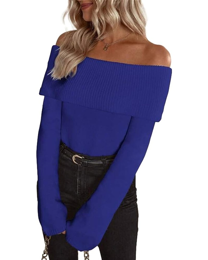 Women's Sexy Off Shoulder Fold Over Sweaters Top Casual Solid Long Sleeve Jumper Fall Winter Knitted Pullover Sweater Blue $1...