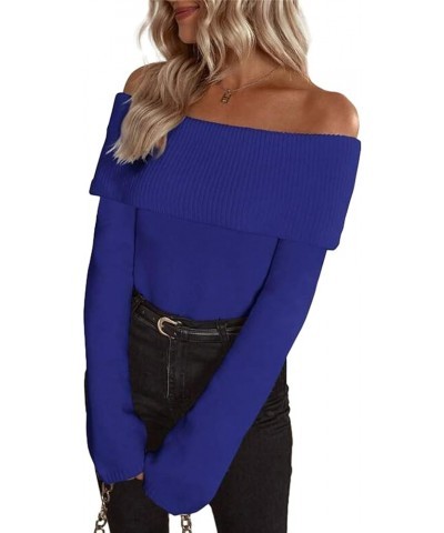 Women's Sexy Off Shoulder Fold Over Sweaters Top Casual Solid Long Sleeve Jumper Fall Winter Knitted Pullover Sweater Blue $1...