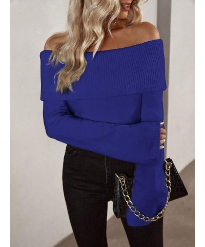 Women's Sexy Off Shoulder Fold Over Sweaters Top Casual Solid Long Sleeve Jumper Fall Winter Knitted Pullover Sweater Blue $1...