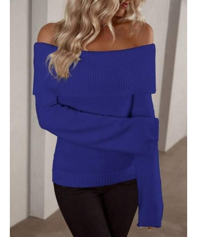 Women's Sexy Off Shoulder Fold Over Sweaters Top Casual Solid Long Sleeve Jumper Fall Winter Knitted Pullover Sweater Blue $1...