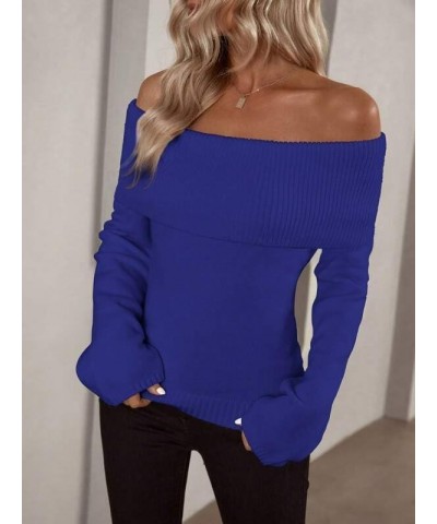 Women's Sexy Off Shoulder Fold Over Sweaters Top Casual Solid Long Sleeve Jumper Fall Winter Knitted Pullover Sweater Blue $1...