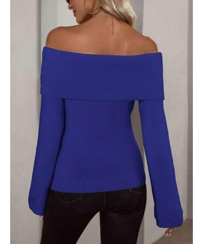 Women's Sexy Off Shoulder Fold Over Sweaters Top Casual Solid Long Sleeve Jumper Fall Winter Knitted Pullover Sweater Blue $1...