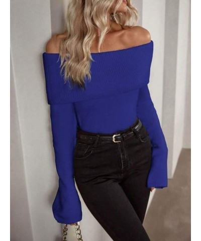 Women's Sexy Off Shoulder Fold Over Sweaters Top Casual Solid Long Sleeve Jumper Fall Winter Knitted Pullover Sweater Blue $1...