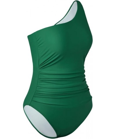 Women's One Piece Swimsuits One Shoulder Swimwear Ruched Tummy Control Bathing Suits Cutout Monokini Dark Green $20.90 Swimsuits