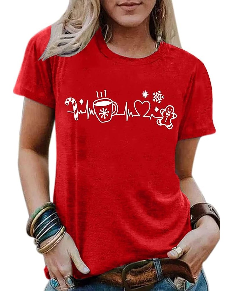 Merry Christmas Shirts Womens Coffee Heartbeat Cookies Tshirt Christmas Tee Tops Red $10.95 T-Shirts