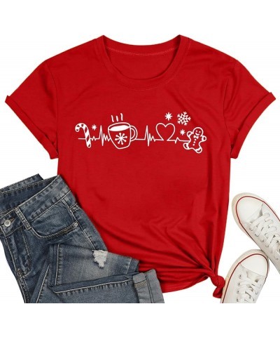 Merry Christmas Shirts Womens Coffee Heartbeat Cookies Tshirt Christmas Tee Tops Red $10.95 T-Shirts