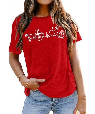 Merry Christmas Shirts Womens Coffee Heartbeat Cookies Tshirt Christmas Tee Tops Red $10.95 T-Shirts