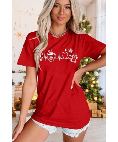 Merry Christmas Shirts Womens Coffee Heartbeat Cookies Tshirt Christmas Tee Tops Red $10.95 T-Shirts