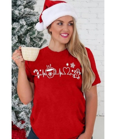 Merry Christmas Shirts Womens Coffee Heartbeat Cookies Tshirt Christmas Tee Tops Red $10.95 T-Shirts