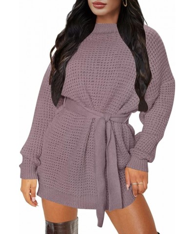 Women's 2024 Fall Long Sleeve Solid Color Waffle Knitted Tie Wasit Tunic Pullover Sweater Dress Purple $17.80 Sweaters