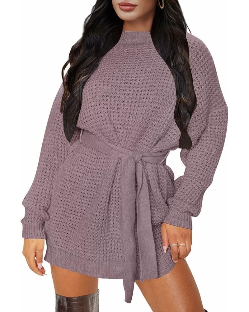 Women's 2024 Fall Long Sleeve Solid Color Waffle Knitted Tie Wasit Tunic Pullover Sweater Dress Purple $17.80 Sweaters