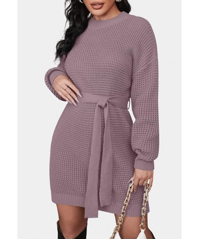 Women's 2024 Fall Long Sleeve Solid Color Waffle Knitted Tie Wasit Tunic Pullover Sweater Dress Purple $17.80 Sweaters