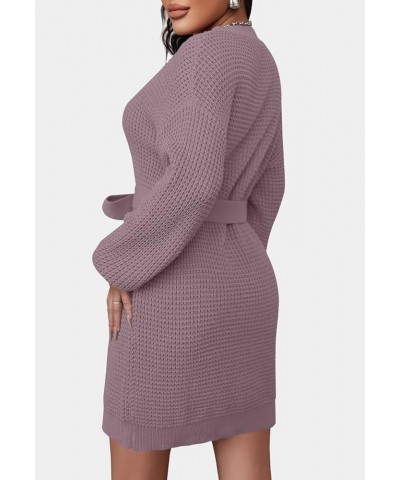 Women's 2024 Fall Long Sleeve Solid Color Waffle Knitted Tie Wasit Tunic Pullover Sweater Dress Purple $17.80 Sweaters