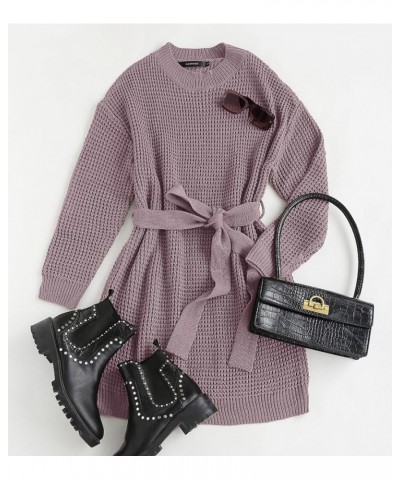 Women's 2024 Fall Long Sleeve Solid Color Waffle Knitted Tie Wasit Tunic Pullover Sweater Dress Purple $17.80 Sweaters