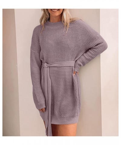 Women's 2024 Fall Long Sleeve Solid Color Waffle Knitted Tie Wasit Tunic Pullover Sweater Dress Purple $17.80 Sweaters