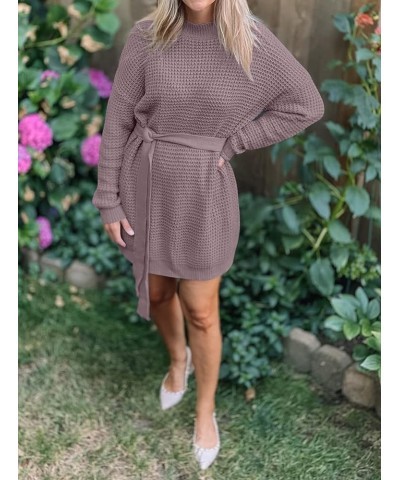 Women's 2024 Fall Long Sleeve Solid Color Waffle Knitted Tie Wasit Tunic Pullover Sweater Dress Purple $17.80 Sweaters