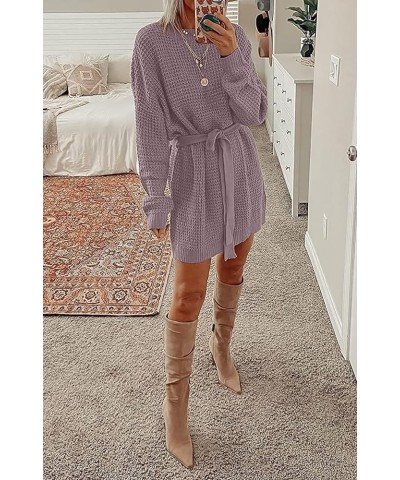 Women's 2024 Fall Long Sleeve Solid Color Waffle Knitted Tie Wasit Tunic Pullover Sweater Dress Purple $17.80 Sweaters