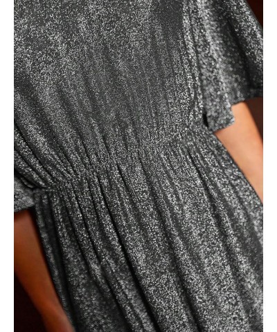 Women's Sequin Sparkly Short Sleeve V Neck High Waist Flared Short Dress Party Glitter Dresses Silver $20.16 Dresses