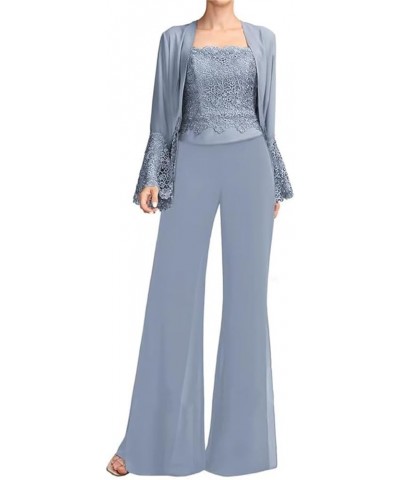 3 Piece Mother of The Bride Pant Suits with Jacket Lace Long Sleeve Cocktail Pantsuits for Women Evening Party Gown Steel Gre...