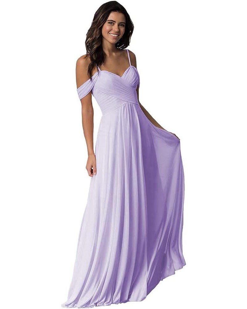 Spaghetti Straps Chiffon Bridesmaid Dress Long Ruched A-Line Off Shoulder Formal Evening Gowns for Women LYQ02 Lilac $34.21 D...