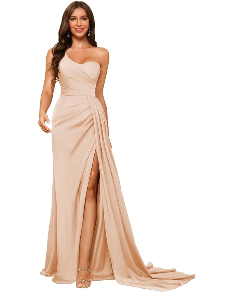 One Shoulder Satin Prom Dresses Long Mermaid Formal Evening Gowns DI80 Peach $32.23 Dresses