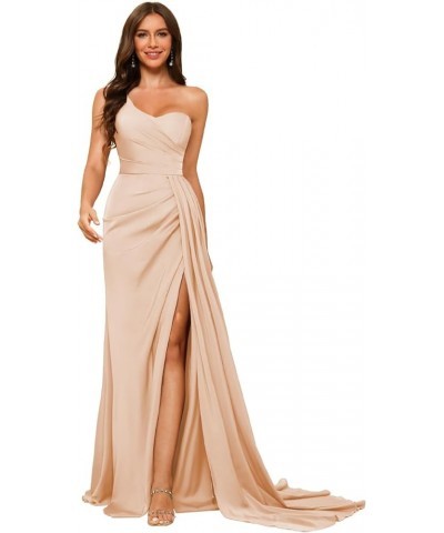 One Shoulder Satin Prom Dresses Long Mermaid Formal Evening Gowns DI80 Peach $32.23 Dresses