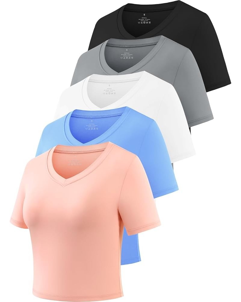 5-Pack Crop Workout T Shirt for Women Short Sleeve Cropped Top Slim Fitted Tees Dry Fit Shirts Black/Gray/White/Blue/Pink $23...