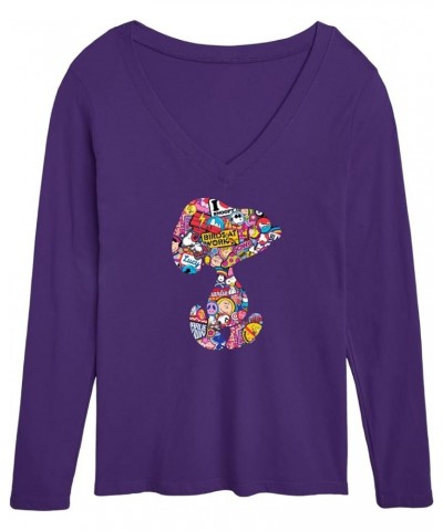 Peanuts - Snoopy Silhouette Pattern - Women's Long Sleeve V-Neck Graphic T-Shirt Purple $9.02 T-Shirts