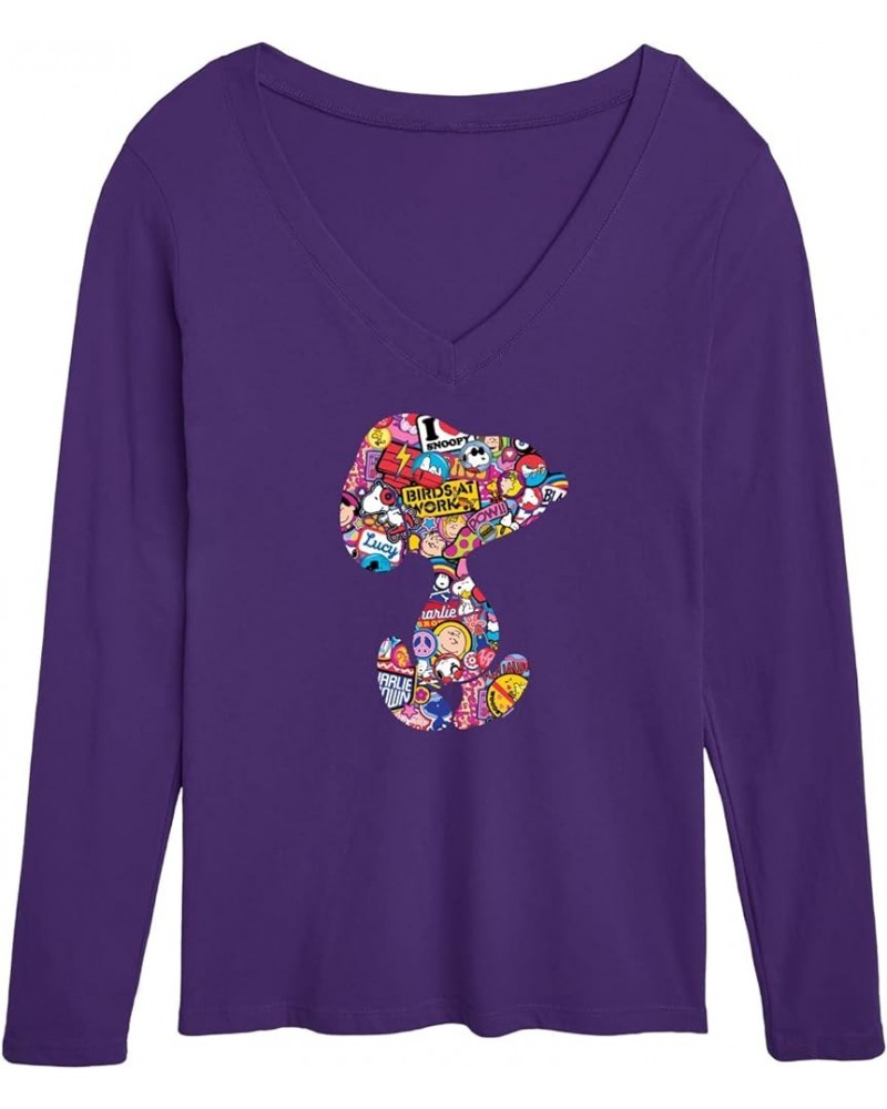 Peanuts - Snoopy Silhouette Pattern - Women's Long Sleeve V-Neck Graphic T-Shirt Purple $9.02 T-Shirts