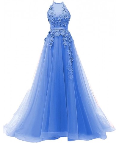 Women's Sweetheart Prom Homecoming Dresses Tulle Halter Long Evening Party Dresses with Appliques Blue $47.00 Dresses