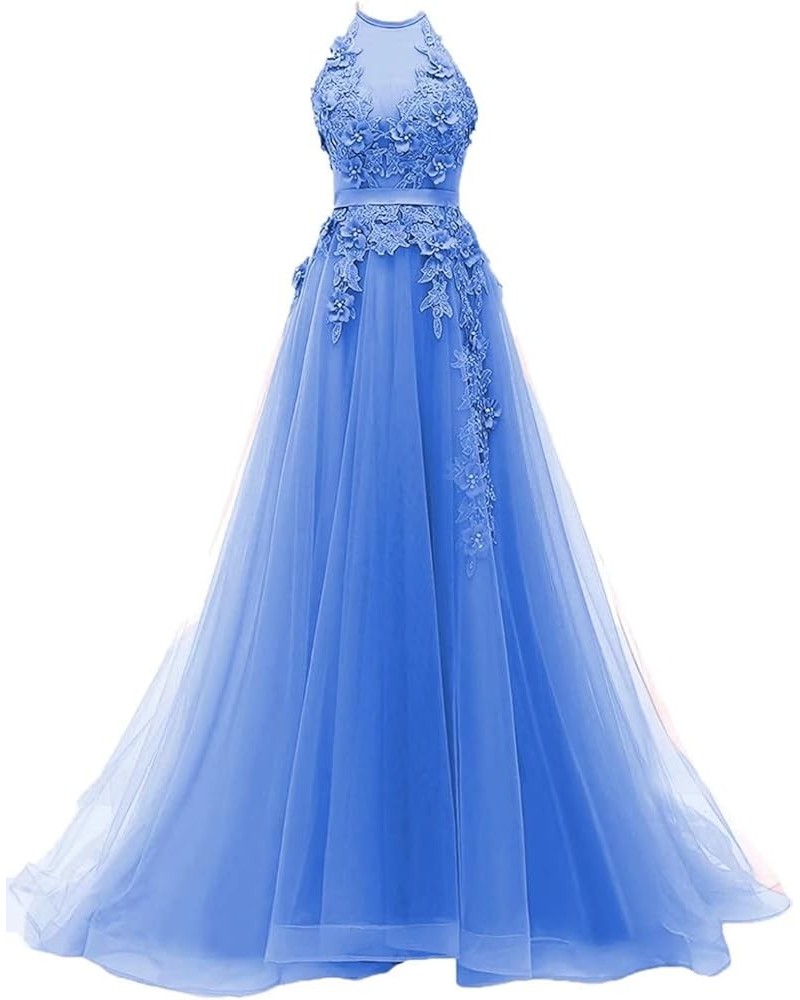 Women's Sweetheart Prom Homecoming Dresses Tulle Halter Long Evening Party Dresses with Appliques Blue $47.00 Dresses