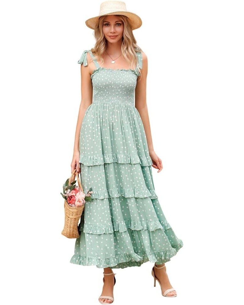 Women's Summer Straps Cotton Irregular Polka Dot Ruffles Midi Dress Lightgreen2 $17.67 Dresses