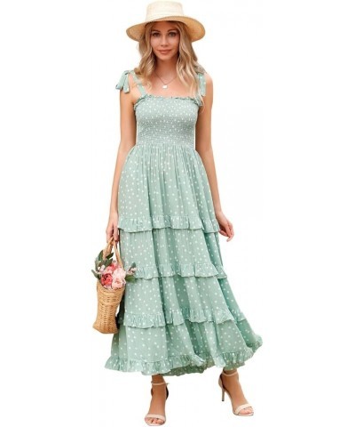 Women's Summer Straps Cotton Irregular Polka Dot Ruffles Midi Dress Lightgreen2 $17.67 Dresses