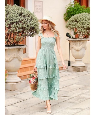 Women's Summer Straps Cotton Irregular Polka Dot Ruffles Midi Dress Lightgreen2 $17.67 Dresses