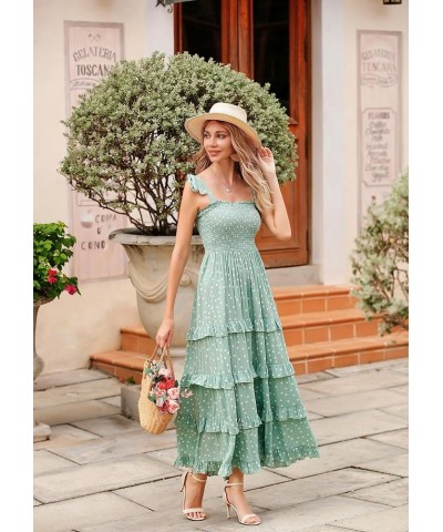 Women's Summer Straps Cotton Irregular Polka Dot Ruffles Midi Dress Lightgreen2 $17.67 Dresses