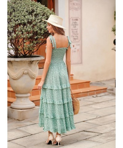 Women's Summer Straps Cotton Irregular Polka Dot Ruffles Midi Dress Lightgreen2 $17.67 Dresses