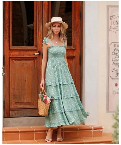 Women's Summer Straps Cotton Irregular Polka Dot Ruffles Midi Dress Lightgreen2 $17.67 Dresses