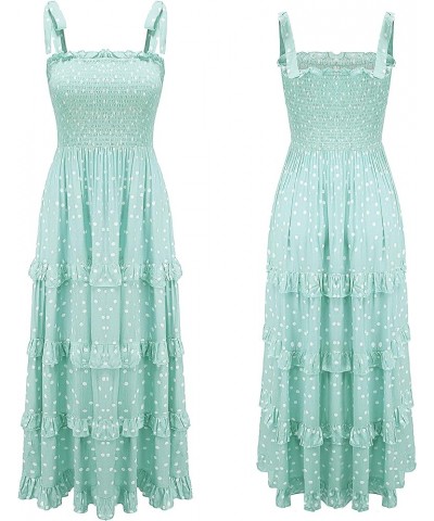 Women's Summer Straps Cotton Irregular Polka Dot Ruffles Midi Dress Lightgreen2 $17.67 Dresses