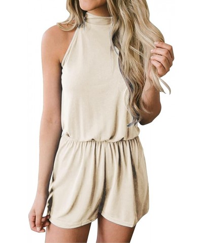 Women's Summer Halter Neck Elastic Waist Solid Color Shorts Jumpsuit Rompers with Pockets Apricot $18.54 Jumpsuits