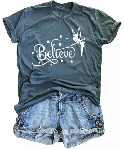 Believe Shirt Women Cute Fairy Graphic Tshirt Girl Trip Tee Funny Vacation Shirt Causal Short Sleeve Top Green $11.07 T-Shirts