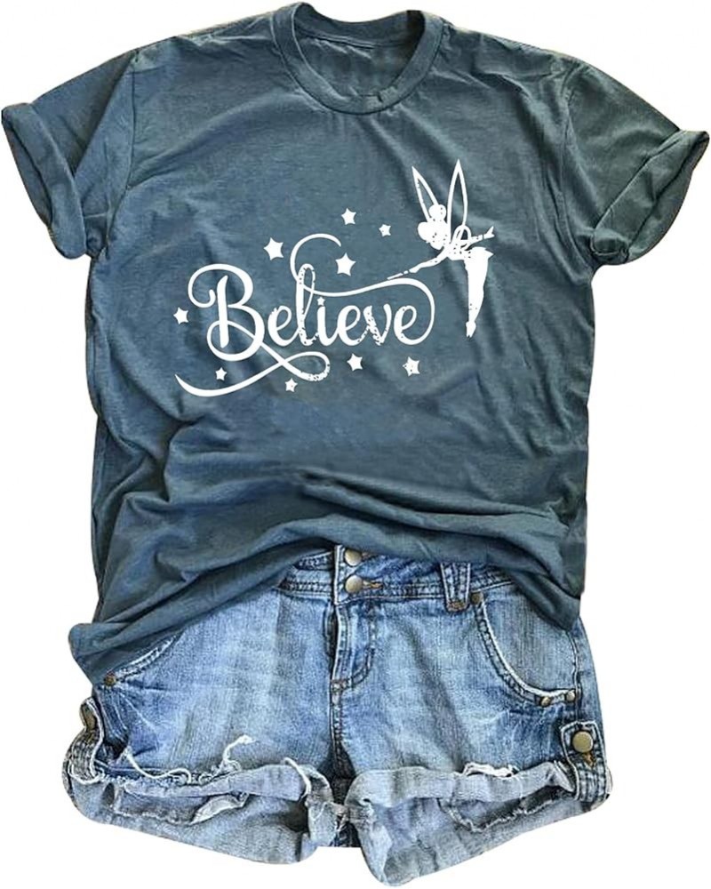 Believe Shirt Women Cute Fairy Graphic Tshirt Girl Trip Tee Funny Vacation Shirt Causal Short Sleeve Top Green $11.07 T-Shirts