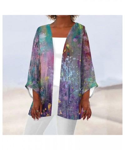 Pop Loungewear Spring Tunic for Women Three Quarter Sleeve Open Collarless Print Cardigan Women Slack Skater 02-purple $10.99...