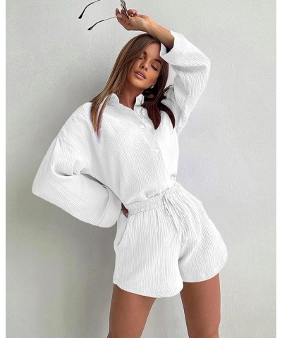 Women's Summer Two Piece Outfits Lounge Sets Short Sleeve Button Down Crop Top High Waisted Casual Shorts with Pockets B-whit...