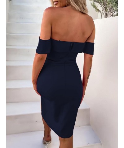 Women's Off Shoulder Wrap Split Ruched Bodycon Sexy Party Mini Dress Navy Blue $24.74 Dresses