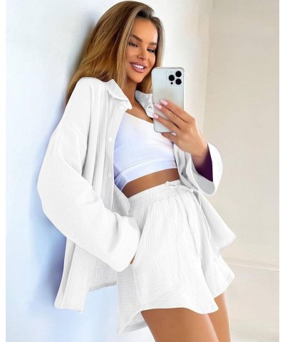 Women's Summer Two Piece Outfits Lounge Sets Short Sleeve Button Down Crop Top High Waisted Casual Shorts with Pockets B-whit...