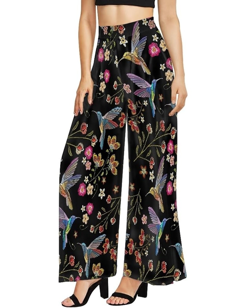 Women's Casual Lounge Pants Plus Size 3XL, Tropical Floral Comfy Stretchy Wide Leg Palazzo Pants Loose Home Legging Hummingbi...