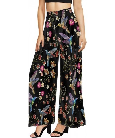 Women's Casual Lounge Pants Plus Size 3XL, Tropical Floral Comfy Stretchy Wide Leg Palazzo Pants Loose Home Legging Hummingbi...