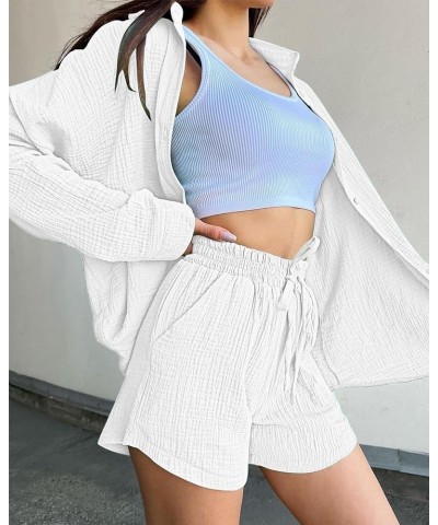 Women's Summer Two Piece Outfits Lounge Sets Short Sleeve Button Down Crop Top High Waisted Casual Shorts with Pockets B-whit...