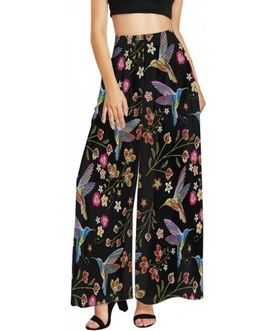 Women's Casual Lounge Pants Plus Size 3XL, Tropical Floral Comfy Stretchy Wide Leg Palazzo Pants Loose Home Legging Hummingbi...