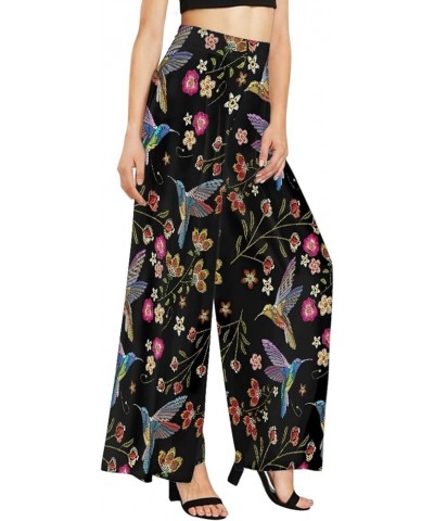 Women's Casual Lounge Pants Plus Size 3XL, Tropical Floral Comfy Stretchy Wide Leg Palazzo Pants Loose Home Legging Hummingbi...